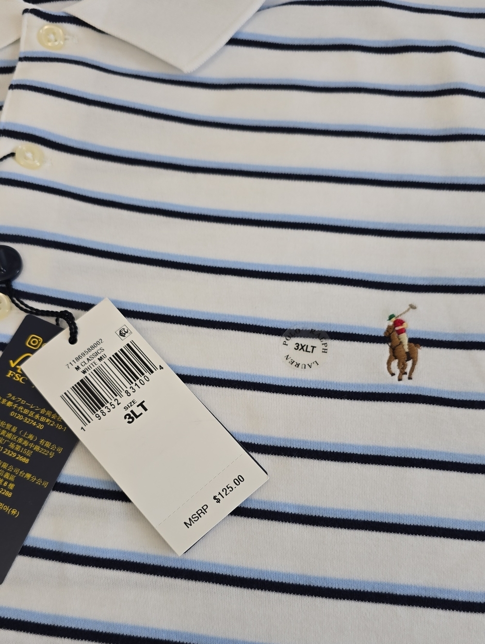 NWT Polo Ralph Lauren Men's Classic Polo Shirt White Blue Stripes Size 3XLT - Picture 12 of 15